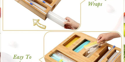 CARLA HOME 6-in-1 Bamboo Kitchen Drawer Organizer with Ziplock Bag Storage, Wrap Dispenser, Cutter for Gallon, Quart, Sandwich, Snack, Foil & Plastic Wrap