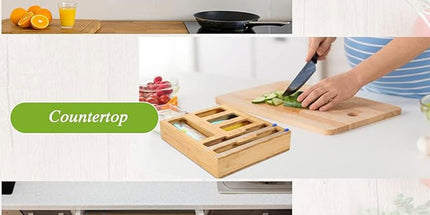 CARLA HOME 6-in-1 Bamboo Kitchen Drawer Organizer with Ziplock Bag Storage, Wrap Dispenser, Cutter for Gallon, Quart, Sandwich, Snack, Foil & Plastic Wrap