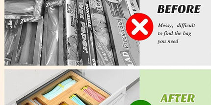 CARLA HOME 6-in-1 Bamboo Kitchen Drawer Organizer with Ziplock Bag Storage, Wrap Dispenser, Cutter for Gallon, Quart, Sandwich, Snack, Foil & Plastic Wrap