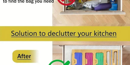 CARLA HOME 6-in-1 Bamboo Kitchen Drawer Organizer with Ziplock Bag Storage, Wrap Dispenser, Cutter for Gallon, Quart, Sandwich, Snack, Foil & Plastic Wrap