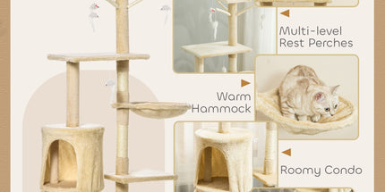 CARLA HOME 134cm Cat Tree for Indoor Cats with Hammock, Plush Perch & Sisal Scratching Posts for Kittens & Adult Cats (Beige)