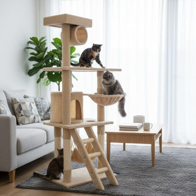 CARLA HOME 141cm Cat Tree Tower for Indoor Cats with Plush Perch, Ladder, Sisal Scratching Posts, Hammock & Condo for Kittens & Adult Cats (Beige)