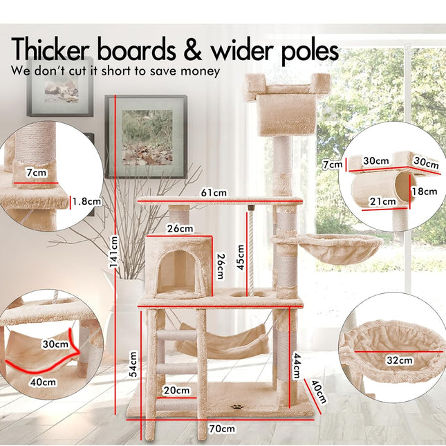 CARLA HOME 141cm Cat Tree Tower for Indoor Cats with Plush Perch, Ladder, Sisal Scratching Posts, Hammock & Condo for Kittens & Adult Cats (Beige)