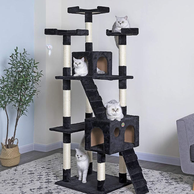 CARLA HOME 180cm Cat Tree Tower for Indoor Cats with Dual Condos, Plush Perches, Sisal Scratching Posts & Ramps for Kittens & Adult Cats (Black)