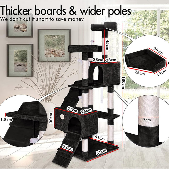 CARLA HOME 180cm Cat Tree Tower for Indoor Cats with Dual Condos, Plush Perches, Sisal Scratching Posts & Ramps for Kittens & Adult Cats (Black)