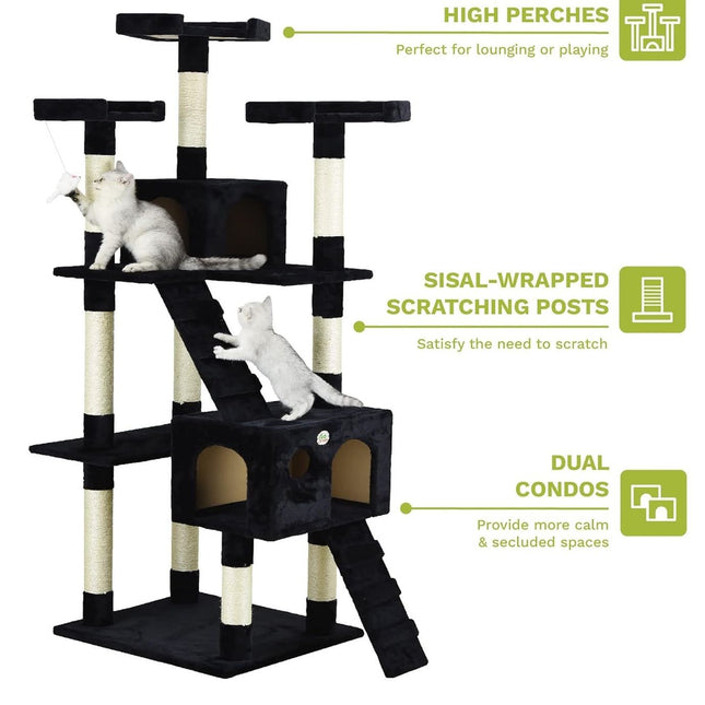 CARLA HOME 180cm Cat Tree Tower for Indoor Cats with Dual Condos, Plush Perches, Sisal Scratching Posts & Ramps for Kittens & Adult Cats (Black)
