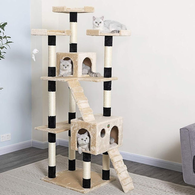 CARLA HOME 180cm Cat Tree Tower for Indoor Cats with Dual Condos, Plush Perches, Sisal Scratching Posts & Ramps for Kittens & Adult Cats (Beige)