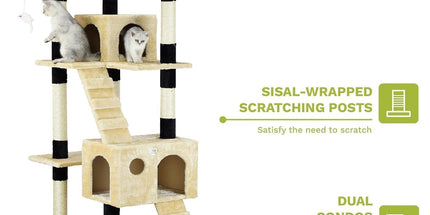 CARLA HOME 180cm Cat Tree Tower for Indoor Cats with Dual Condos, Plush Perches, Sisal Scratching Posts & Ramps for Kittens & Adult Cats (Beige)