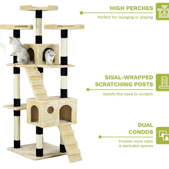 CARLA HOME 180cm Cat Tree Tower for Indoor Cats with Dual Condos, Plush Perches, Sisal Scratching Posts & Ramps for Kittens & Adult Cats (Beige)
