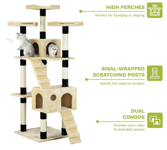 Beige CARLA HOME 180cm Cat Tree Tower for Indoor Cats with Dual Condos