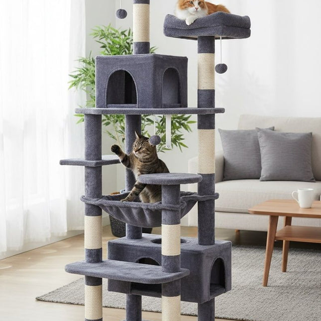 CARLA HOME 180cm Cat Tree Tower for Indoor Cats with Plush Perches, Dual Condos, Natural Sisal Scratching Posts & Ramps for Kittens & Adult Cats (Grey)