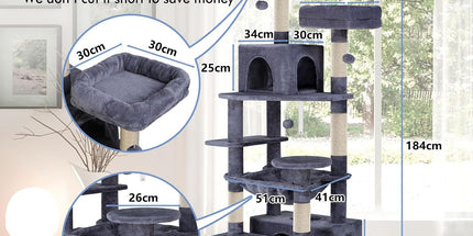 CARLA HOME 180cm Cat Tree Tower for Indoor Cats with Plush Perches, Dual Condos, Natural Sisal Scratching Posts & Ramps for Kittens & Adult Cats (Grey)