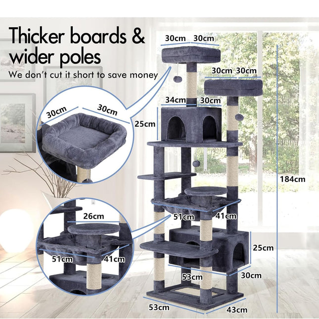CARLA HOME 180cm Cat Tree Tower for Indoor Cats with Plush Perches, Dual Condos, Natural Sisal Scratching Posts & Ramps for Kittens & Adult Cats (Grey)