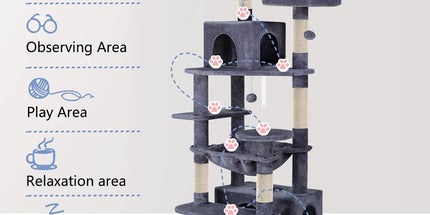 CARLA HOME 180cm Cat Tree Tower for Indoor Cats with Plush Perches, Dual Condos, Natural Sisal Scratching Posts & Ramps for Kittens & Adult Cats (Grey)