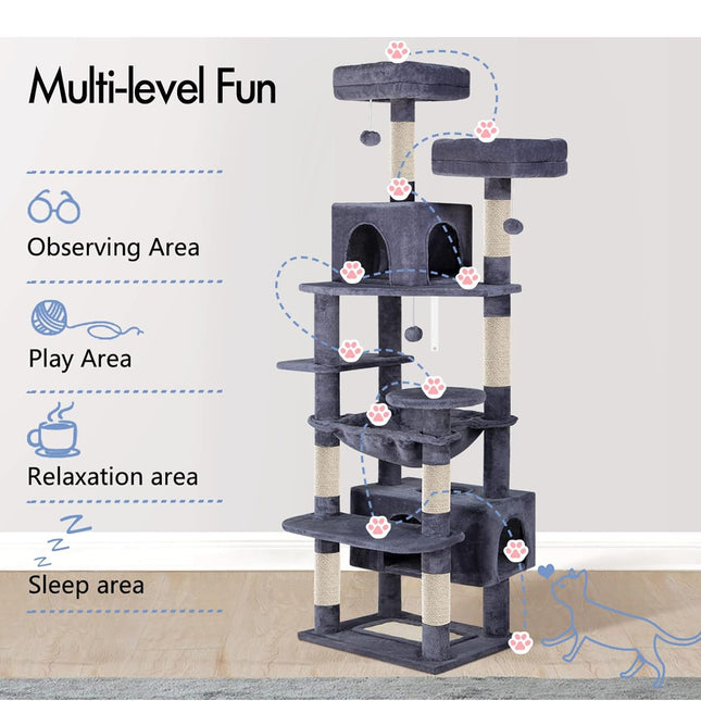 CARLA HOME 180cm Cat Tree Tower for Indoor Cats with Plush Perches, Dual Condos, Natural Sisal Scratching Posts & Ramps for Kittens & Adult Cats (Grey)