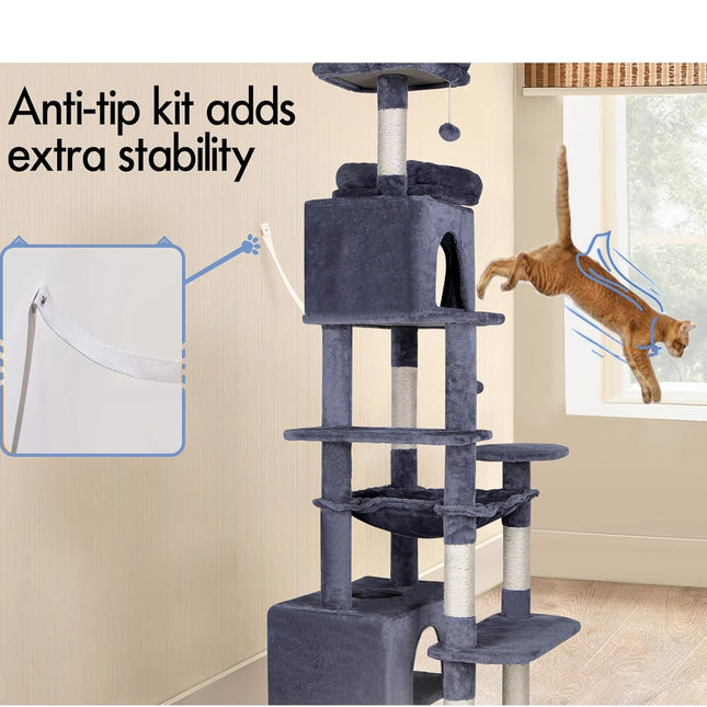CARLA HOME 180cm Cat Tree Tower for Indoor Cats with Plush Perches, Dual Condos, Natural Sisal Scratching Posts & Ramps for Kittens & Adult Cats (Grey)