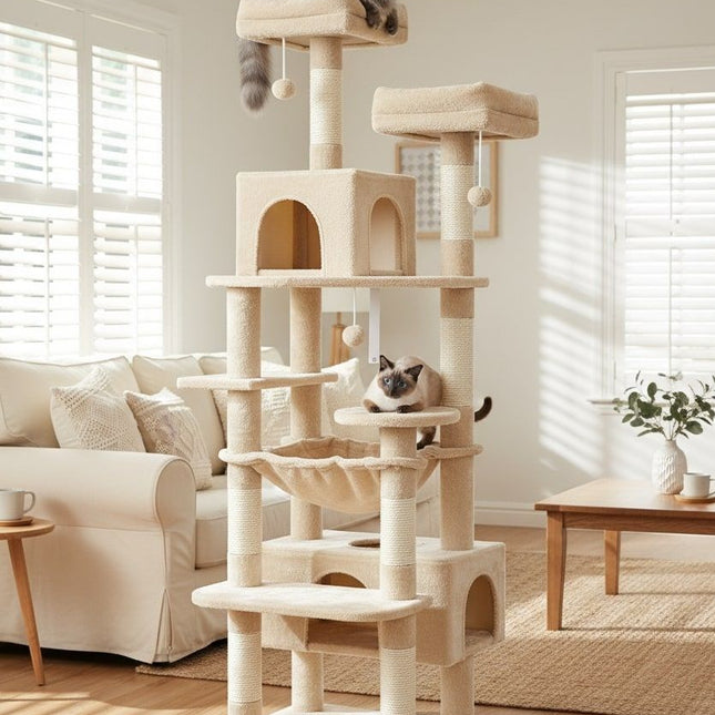 CARLA HOME 180cm Cat Tree Tower for Indoor Cats with Plush Perches, Dual Condos, Natural Sisal Scratching Posts & Ramps for Kittens & Adult Cats (Beige)