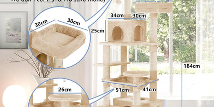 CARLA HOME 180cm Cat Tree Tower for Indoor Cats with Plush Perches, Dual Condos, Natural Sisal Scratching Posts & Ramps for Kittens & Adult Cats (Beige)