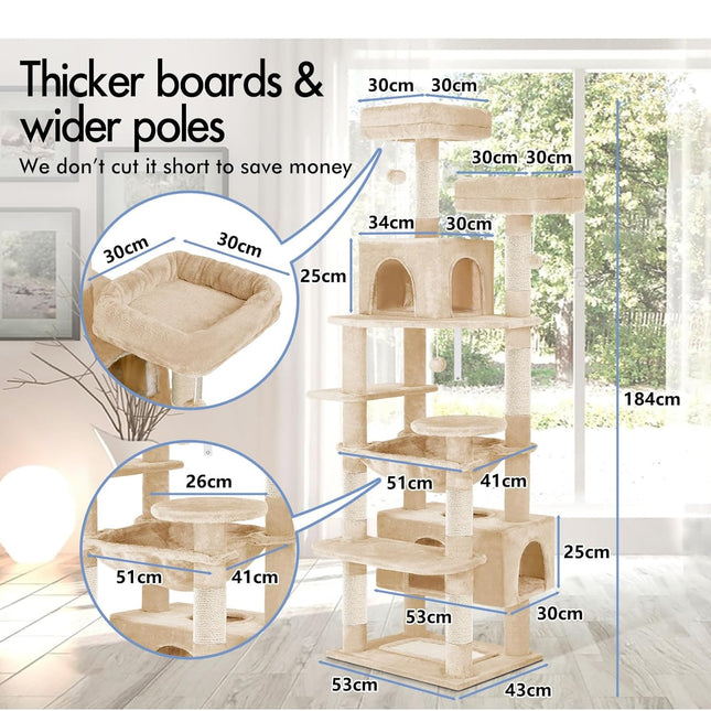 CARLA HOME 180cm Cat Tree Tower for Indoor Cats with Plush Perches, Dual Condos, Natural Sisal Scratching Posts & Ramps for Kittens & Adult Cats (Beige)