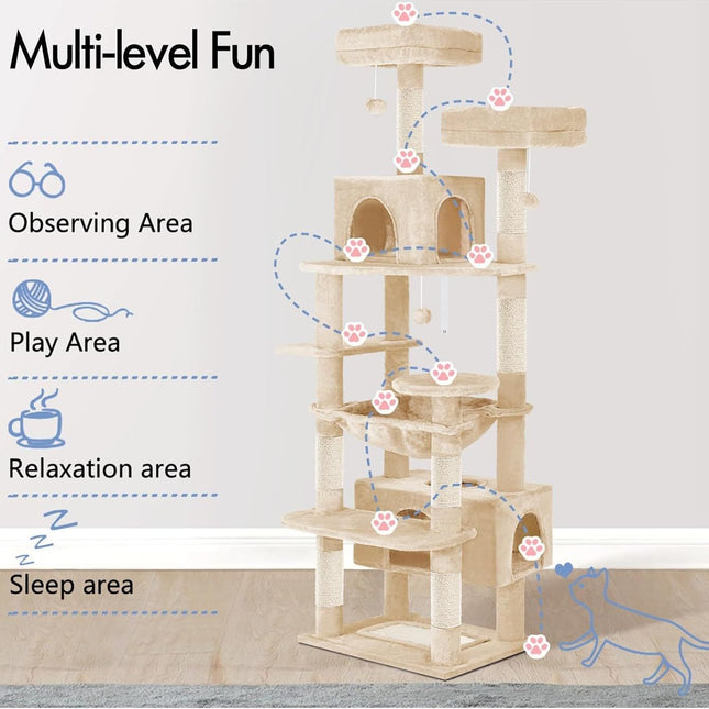 CARLA HOME 180cm Cat Tree Tower for Indoor Cats with Plush Perches, Dual Condos, Natural Sisal Scratching Posts & Ramps for Kittens & Adult Cats (Beige)