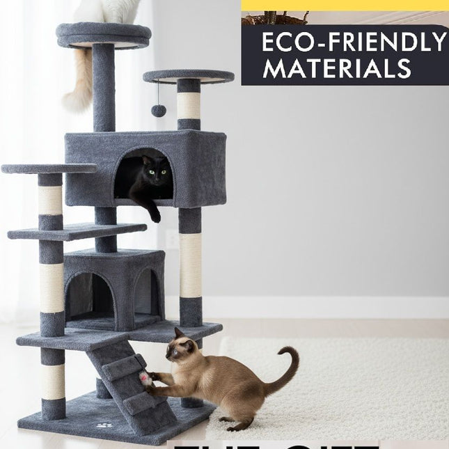 CARLA HOME 134cm Cat Tree Tower for Indoor Cats with Plush Perches, Dual Condos, Natural Sisal Scratching Posts & Ramp for Kittens & Adult Cats (Dark Grey)