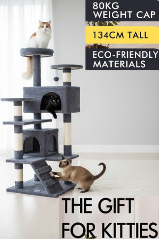 Dark Grey CARLA HOME 134cm Cat Tree Tower for Cats with Plush Perches