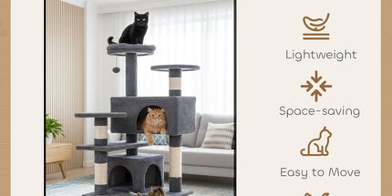 CARLA HOME 134cm Cat Tree Tower for Indoor Cats with Plush Perches, Dual Condos, Natural Sisal Scratching Posts & Ramp for Kittens & Adult Cats (Dark Grey)