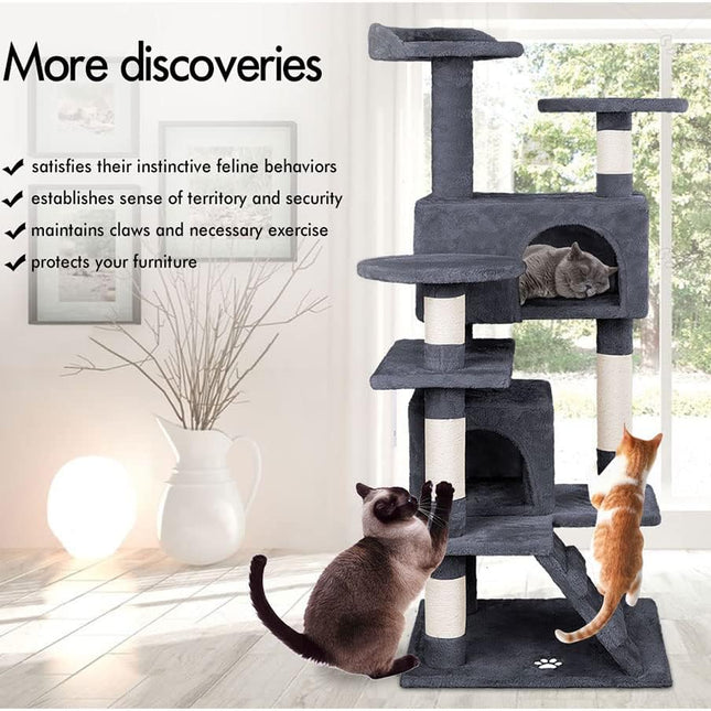 CARLA HOME 134cm Cat Tree Tower for Indoor Cats with Plush Perches, Dual Condos, Natural Sisal Scratching Posts & Ramp for Kittens & Adult Cats (Dark Grey)