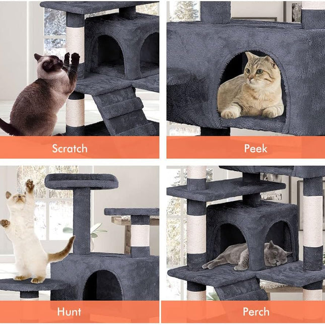 CARLA HOME 134cm Cat Tree Tower for Indoor Cats with Plush Perches, Dual Condos, Natural Sisal Scratching Posts & Ramp for Kittens & Adult Cats (Dark Grey)