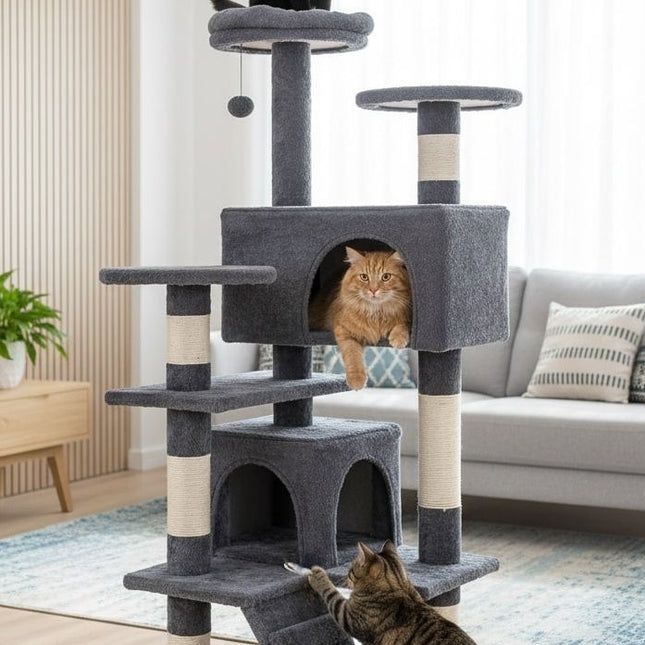 CARLA HOME 134cm Cat Tree Tower for Indoor Cats with Plush Perches, Dual Condos, Natural Sisal Scratching Posts & Ramp for Kittens & Adult Cats (Dark Grey)