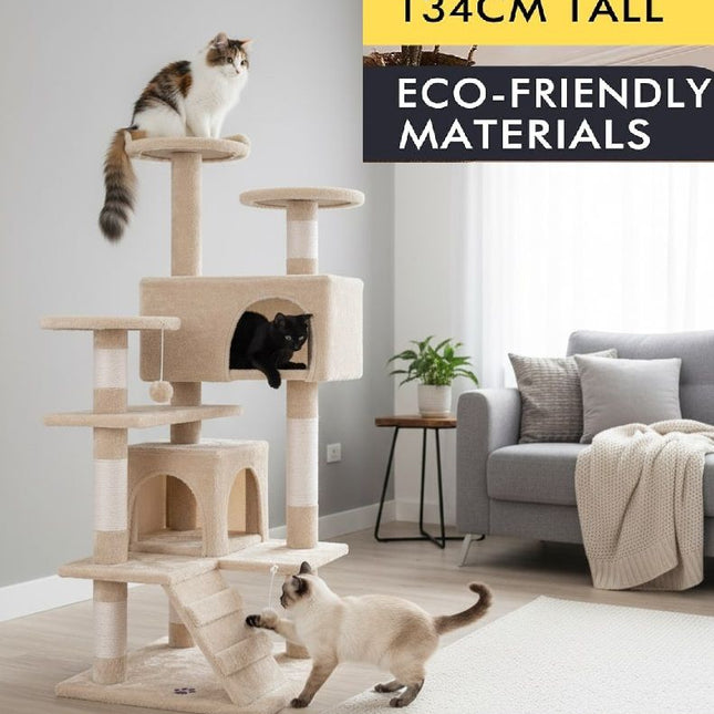CARLA HOME 134cm Cat Tree Tower for Indoor Cats with Plush Perches, Dual Condos, Natural Sisal Scratching Posts & Ramp for Kittens & Adult Cats (Beige)