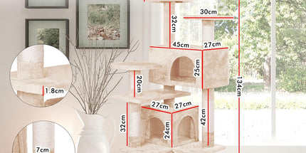 CARLA HOME 134cm Cat Tree Tower for Indoor Cats with Plush Perches, Dual Condos, Natural Sisal Scratching Posts & Ramp for Kittens & Adult Cats (Beige)