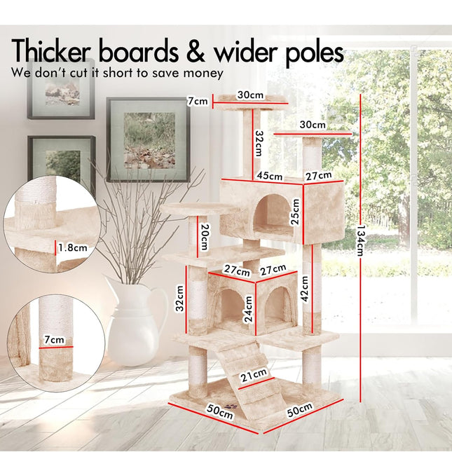 CARLA HOME 134cm Cat Tree Tower for Indoor Cats with Plush Perches, Dual Condos, Natural Sisal Scratching Posts & Ramp for Kittens & Adult Cats (Beige)