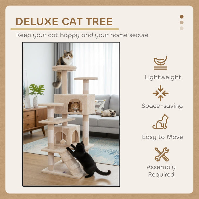 CARLA HOME 134cm Cat Tree Tower for Indoor Cats with Plush Perches, Dual Condos, Natural Sisal Scratching Posts & Ramp for Kittens & Adult Cats (Beige)