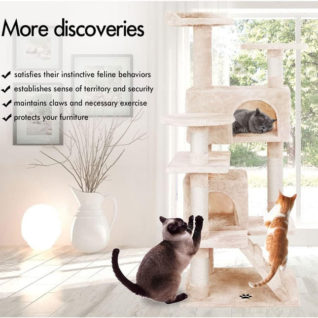 CARLA HOME 134cm Cat Tree Tower for Indoor Cats with Plush Perches, Dual Condos, Natural Sisal Scratching Posts & Ramp for Kittens & Adult Cats (Beige)