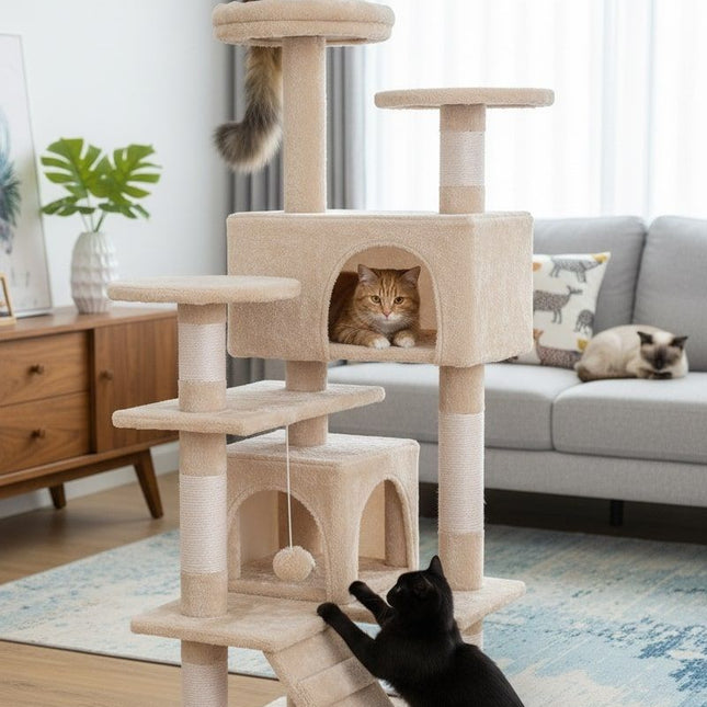 CARLA HOME 134cm Cat Tree Tower for Indoor Cats with Plush Perches, Dual Condos, Natural Sisal Scratching Posts & Ramp for Kittens & Adult Cats (Beige)