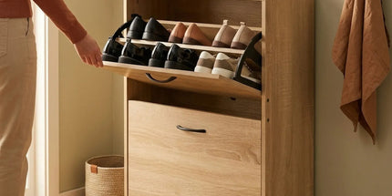 CARLA HOME 2 Flip Drawer Shoe Cabinet - Hidden Storage - Modern - Shoe Storage Cabinet - Oak Tyack eCommerce Solutions