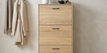 CARLA HOME 3 Flip Drawer Shoe Cabinet - Hidden Storage - Modern - Shoe Storage Cabinet - Oak Tyack eCommerce Solutions
