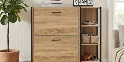 CARLA HOME 2 Flip Shoe Cabinet with Side Shelf - 88 cm Oak - Brown - Shoe Cabinet With Shelf Tyack eCommerce Solutions