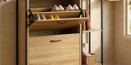 CARLA HOME 2 Flip Shoe Cabinet with Side Shelf - 88 cm Oak - Brown - Shoe Cabinet With Shelf Tyack eCommerce Solutions