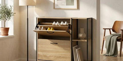 CARLA HOME 2 Flip Shoe Cabinet with Side Shelf - 88 cm Oak - Brown - Shoe Cabinet With Shelf Tyack eCommerce Solutions