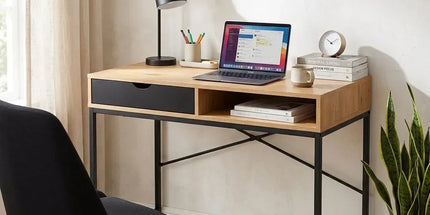 CARLA HOME Oak Computer Desk with Drawer - Mdf Steel Frame - Brown - Rustic - Office Desk Computer Tyack eCommerce Solutions