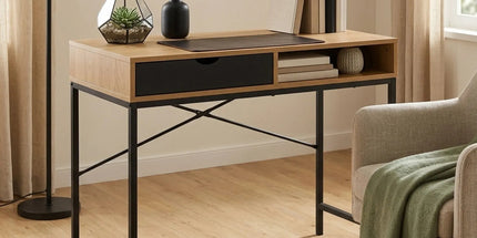 CARLA HOME Oak Computer Desk with Drawer - Mdf Steel Frame - Brown - Rustic - Office Desk Computer Tyack eCommerce Solutions