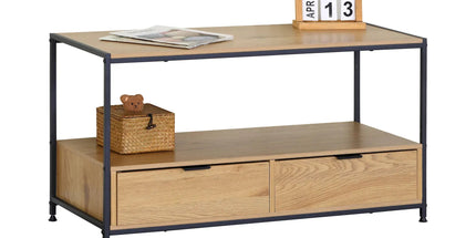 CARLA HOME Coffee Table with 2 Drawers - Open Shelf - Brown - Rustic - Steel - Living Room Bedroom Tyack eCommerce Solutions