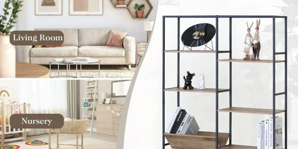 CARLA HOME 7 Shelf Bookcase - Wood Metal Display Shelf - Brown - Rustic - Steel - Living Room Office Tyack eCommerce Solutions
