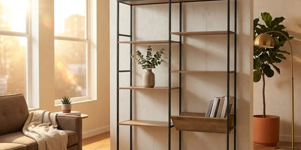 CARLA HOME 7 Shelf Bookcase - Wood Metal Display Shelf - Brown - Rustic - Steel - Living Room Office Tyack eCommerce Solutions