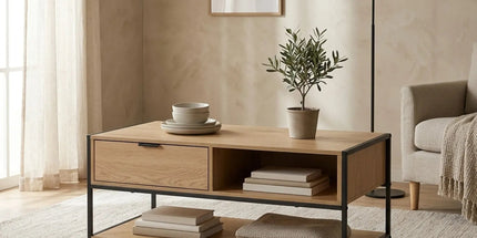 CARLA HOME Coffee Table with Drawer - Wood and Metal Frame - Brown - Rustic - Steel Tyack eCommerce Solutions