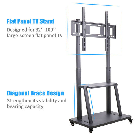 Rolling TV Stand 32-100 w/ Adjustable Mount & 2-Tier Shelf