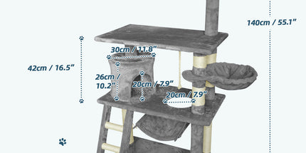 Grey Cat Tree Tower Condo Scratching Post Bed Stand 1.4M