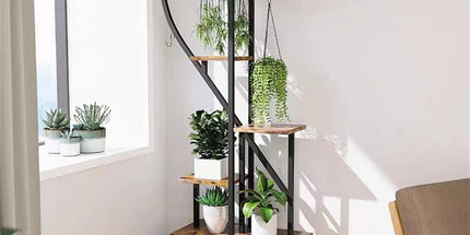 6 Tier Corner Plant Stand Metal & MDF Ladder Shelf Rack